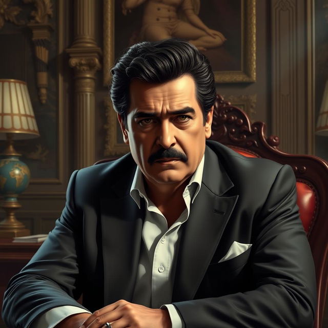 A portrait of Pablo Escobar, the infamous Colombian drug lord, depicted in a realistic style