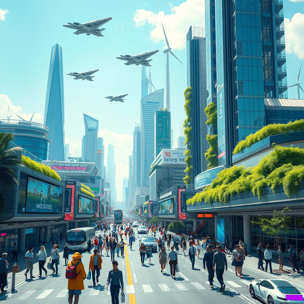 A futuristic cityscape inspired by the attached image, showcasing advanced architecture with sleek skyscrapers and vibrant greenery integrated into the design