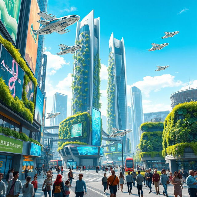 A futuristic cityscape inspired by the attached image, showcasing advanced architecture with sleek skyscrapers and vibrant greenery integrated into the design