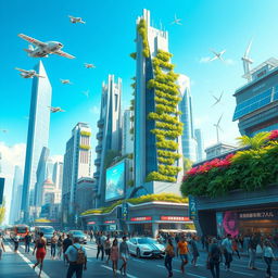 A futuristic cityscape inspired by the attached image, showcasing advanced architecture with sleek skyscrapers and vibrant greenery integrated into the design