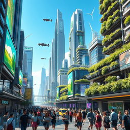 A futuristic cityscape inspired by the attached image, showcasing advanced architecture with sleek skyscrapers and vibrant greenery integrated into the design