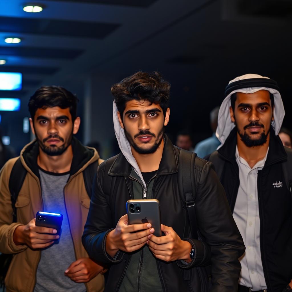 Three young Egyptian men at an airport, looking fearful and apprehensive while carrying travel bags