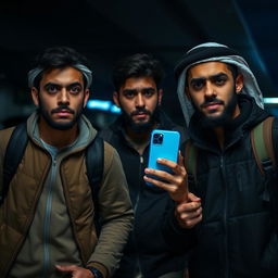 Three young Egyptian men at an airport, looking fearful and apprehensive while carrying travel bags