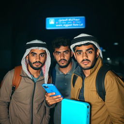 Three young Egyptian men at an airport, looking fearful and apprehensive while carrying travel bags