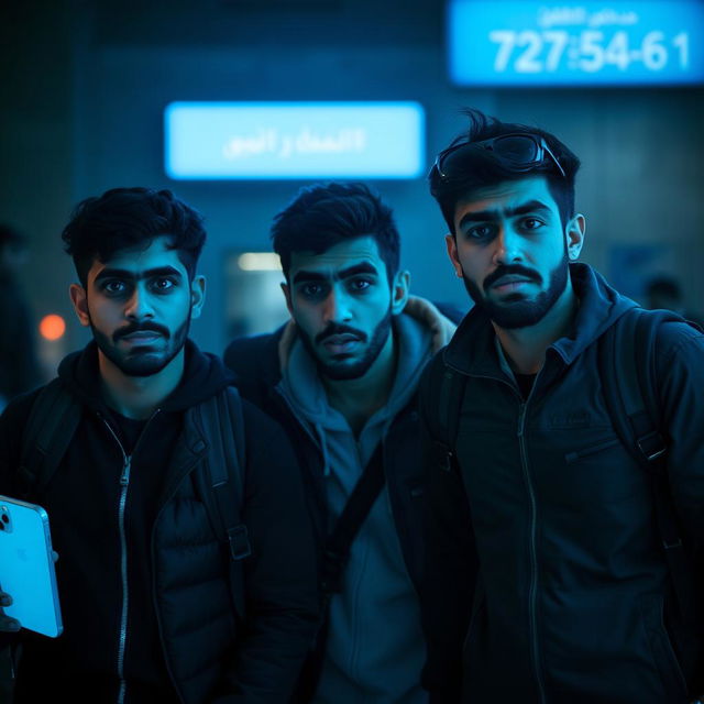 Three young Egyptian men at an airport, looking fearful and apprehensive while carrying travel bags