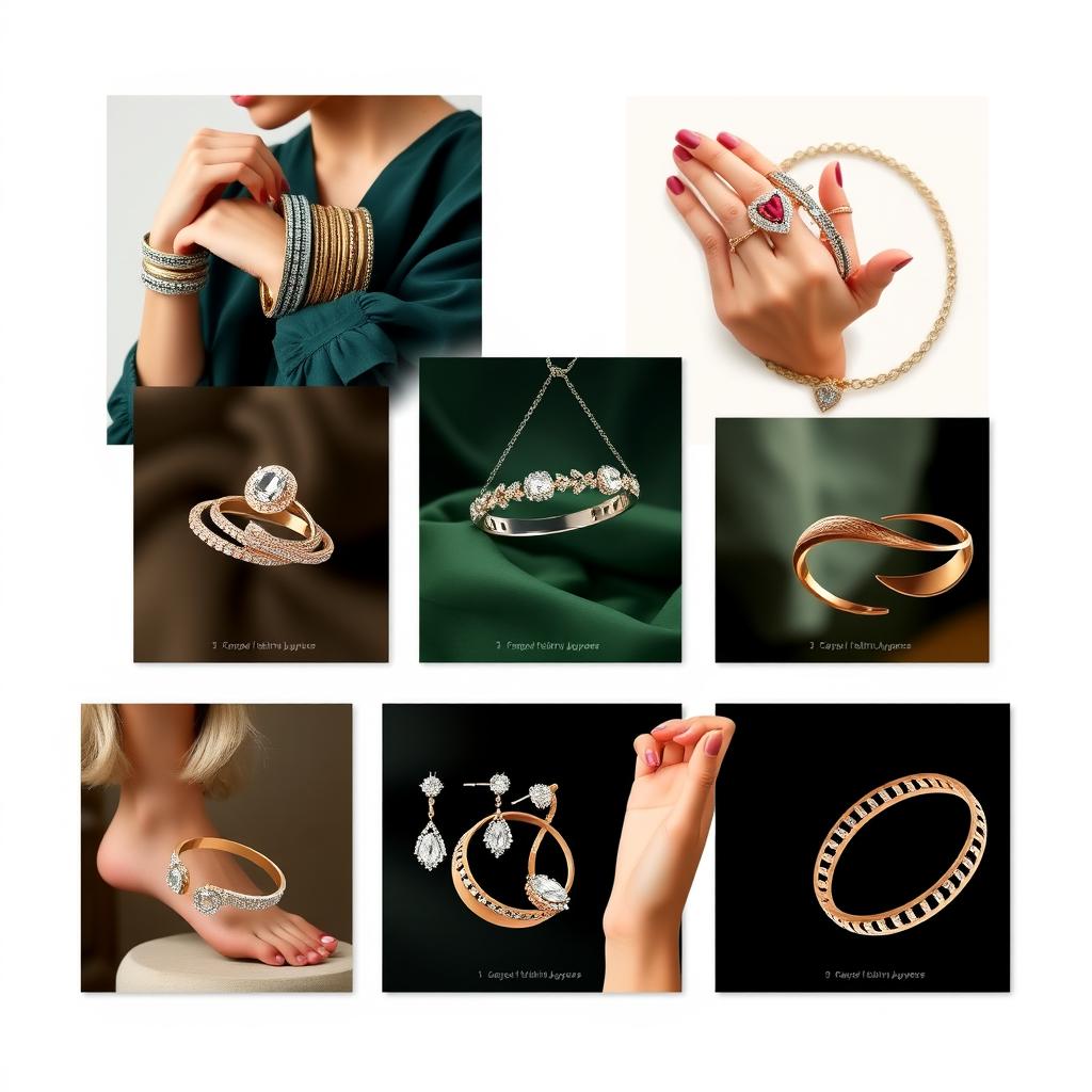 A series of stylized images for highlight covers of a jewelry store page, each featuring different jewelry items: 1