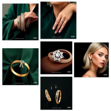 A series of stylized images for highlight covers of a jewelry store page, each featuring different jewelry items: 1