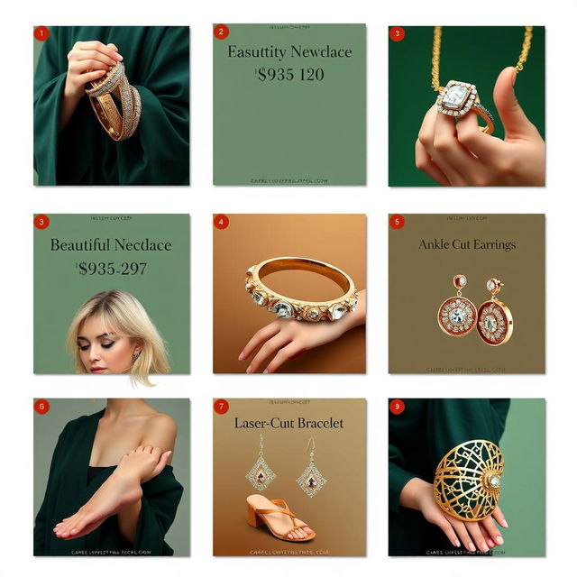 A series of stylized images for highlight covers of a jewelry store page, each featuring different jewelry items: 1