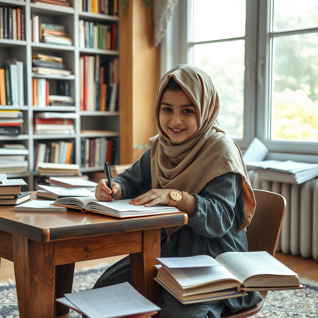 A young Iranian girl wearing a hijab, deeply focused while studying at a wooden desk