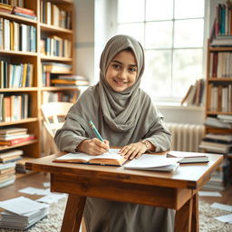 A young Iranian girl wearing a hijab, deeply focused while studying at a wooden desk