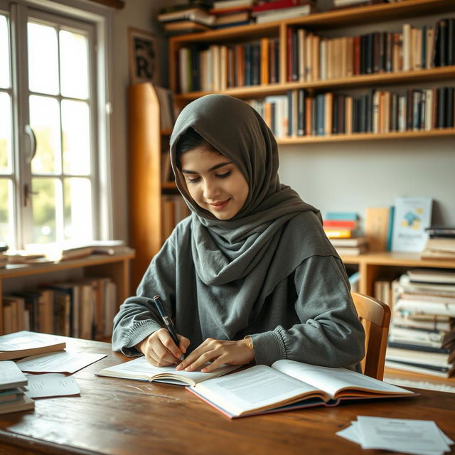 A young Iranian girl wearing a hijab, deeply focused while studying at a wooden desk