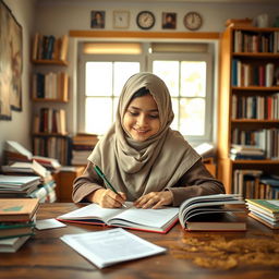 A young Iranian girl wearing a hijab, deeply focused while studying at a wooden desk