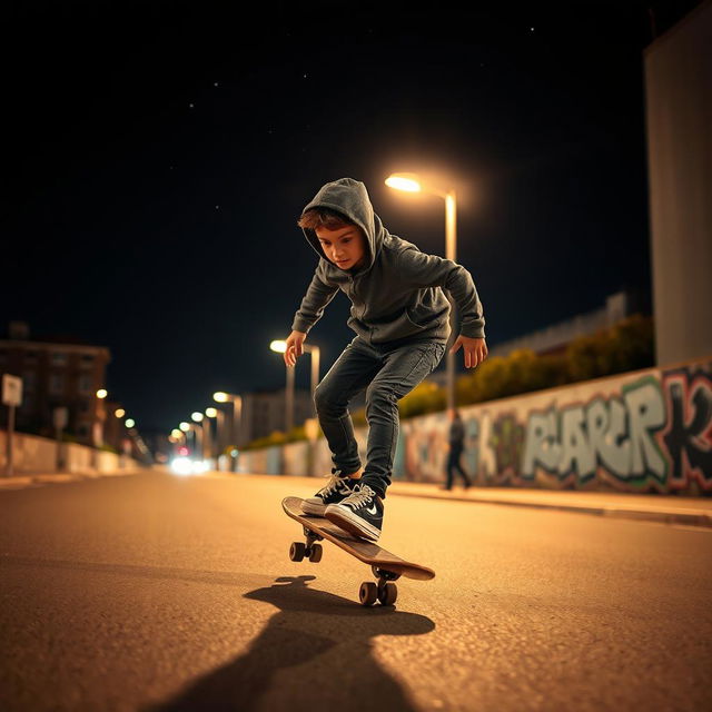 A solitary boy skateboarding at night, showcasing his cool style and confidence