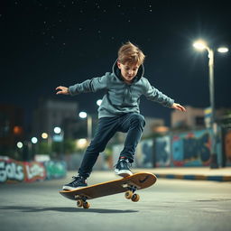 A solitary boy skateboarding at night, showcasing his cool style and confidence