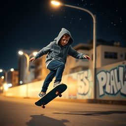 A solitary boy skateboarding at night, showcasing his cool style and confidence