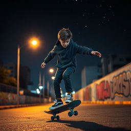 A solitary boy skateboarding at night, showcasing his cool style and confidence