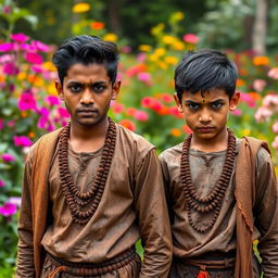 Two Hindu princes in a lush garden, showcasing their royal attire now muddied from an adventure in a dark tunnel