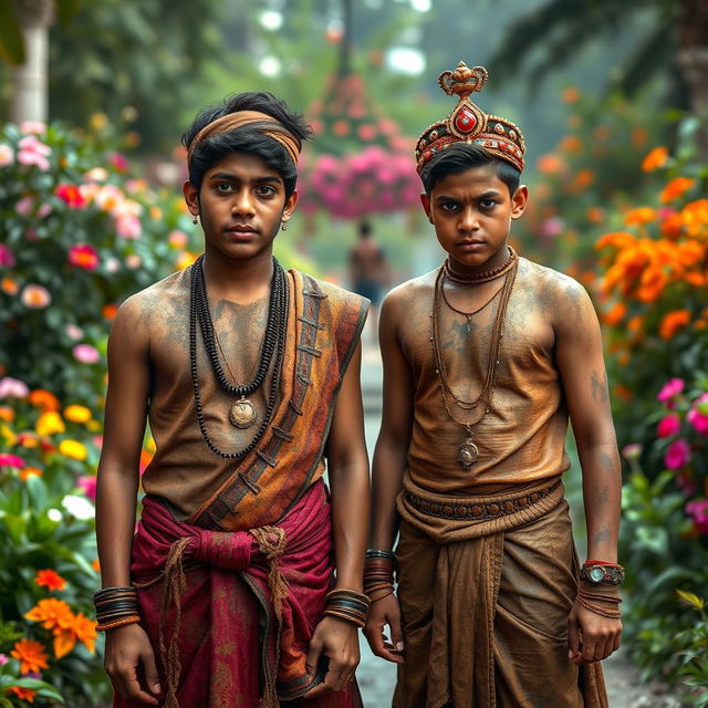 Two Hindu princes in a lush garden, showcasing their royal attire now muddied from an adventure in a dark tunnel