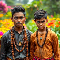 Two Hindu princes in a lush garden, showcasing their royal attire now muddied from an adventure in a dark tunnel