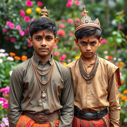 Two Hindu princes in a lush garden, showcasing their royal attire now muddied from an adventure in a dark tunnel