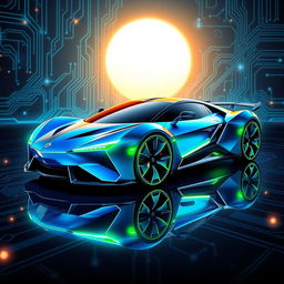 A sleek, futuristic car designed with a tech-inspired aesthetic, featuring sharp angular lines and an aerodynamic structure