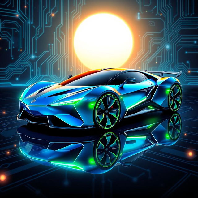 A sleek, futuristic car designed with a tech-inspired aesthetic, featuring sharp angular lines and an aerodynamic structure