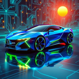 A sleek, futuristic car designed with a tech-inspired aesthetic, featuring sharp angular lines and an aerodynamic structure