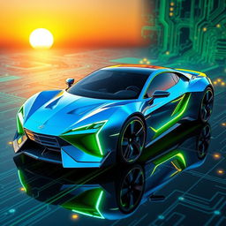 A sleek, futuristic car designed with a tech-inspired aesthetic, featuring sharp angular lines and an aerodynamic structure