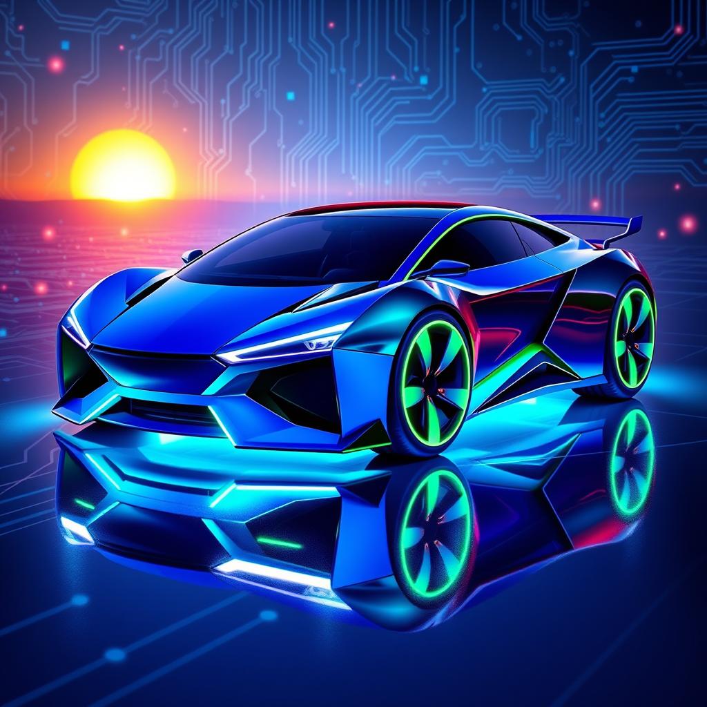 A sleek, futuristic car designed with a tech-inspired aesthetic, featuring sharp angular lines and an aerodynamic structure