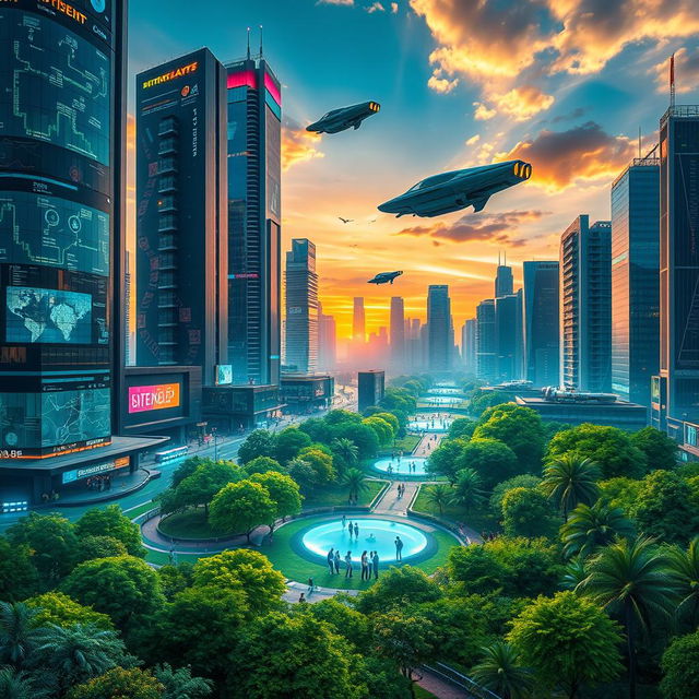 A vibrant and futuristic cityscape that showcases cutting-edge technology