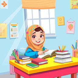 A cartoon illustration of a young Iranian girl wearing a hijab, happily studying at a colorful desk