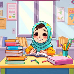 A cartoon illustration of a young Iranian girl wearing a hijab, happily studying at a colorful desk