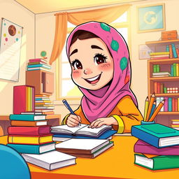 A cartoon illustration of a young Iranian girl wearing a hijab, happily studying at a colorful desk