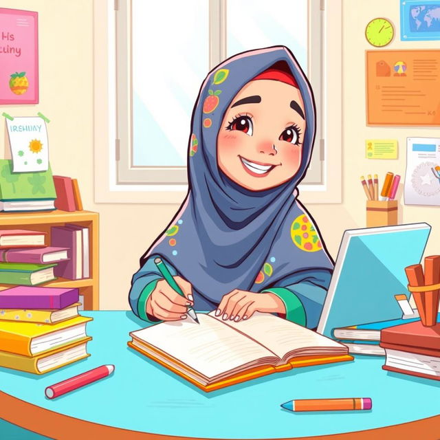 A cartoon illustration of a young Iranian girl wearing a hijab, happily studying at a colorful desk