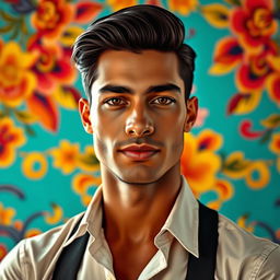An ultra-realistic portrayal of a handsome Spanish-Colombian man exuding charisma and confidence