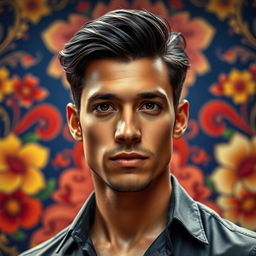 An ultra-realistic portrayal of a handsome Spanish-Colombian man exuding charisma and confidence