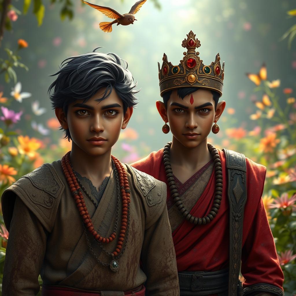 In a magical world, two Hindu princes - 16-year-old Nivar Daivik and his younger brother Veer Daivik - stand amid a vibrant garden filled with beautiful fairies