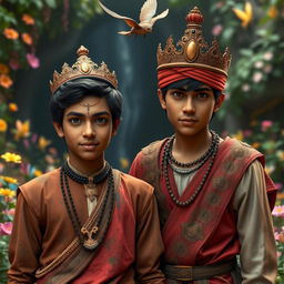 In a magical world, two Hindu princes - 16-year-old Nivar Daivik and his younger brother Veer Daivik - stand amid a vibrant garden filled with beautiful fairies