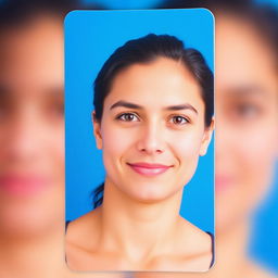 A passport-sized photo featuring a clear and focused portrait of a person against a vibrant blue background