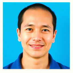 A passport-sized photo featuring a clear and focused portrait of a person against a vibrant blue background