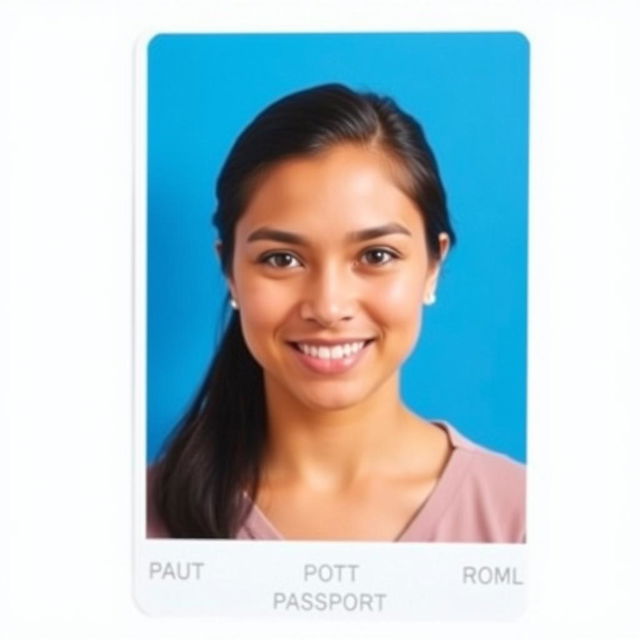 A passport-sized photo featuring a clear and focused portrait of a person against a vibrant blue background