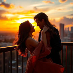 A passionate and steamy romantic scene set on a balcony overlooking a beautiful sunset