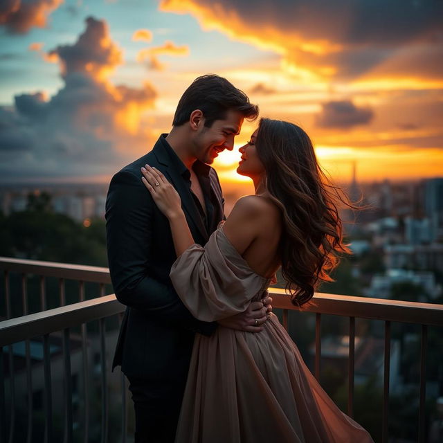 A passionate and steamy romantic scene set on a balcony overlooking a beautiful sunset