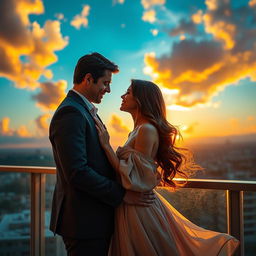 A passionate and steamy romantic scene set on a balcony overlooking a beautiful sunset