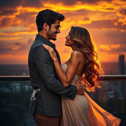 A passionate and steamy romantic scene set on a balcony overlooking a beautiful sunset