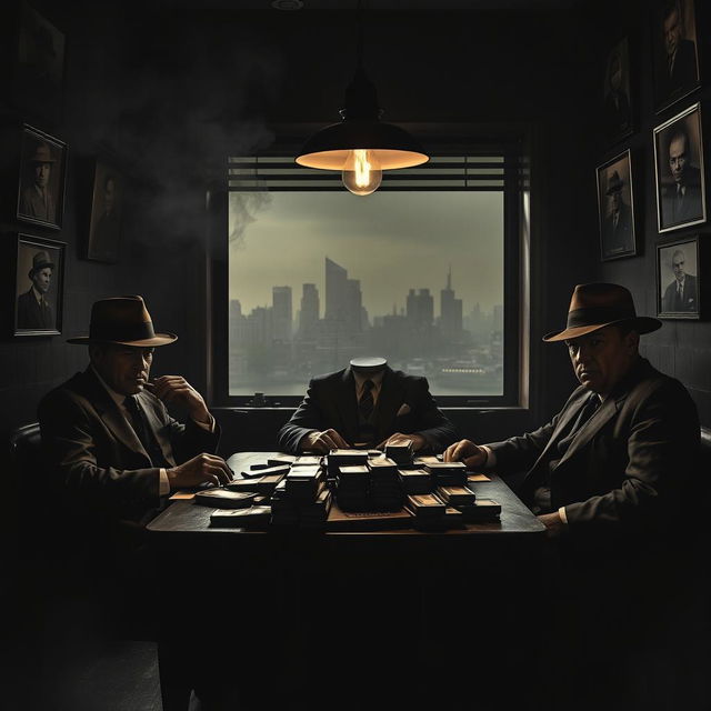 A dark and moody scene in a 1940s urban setting featuring a classic mafia meeting in a smoky backroom