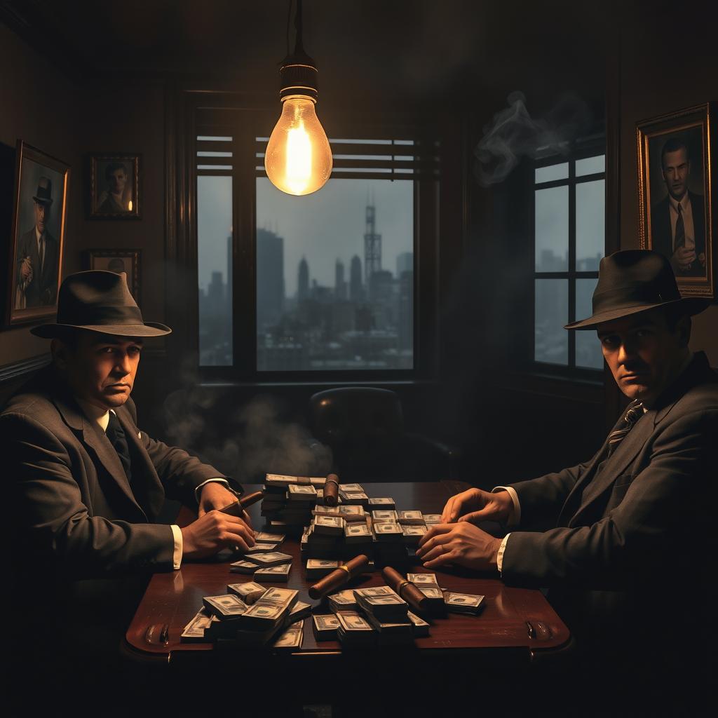 A dark and moody scene in a 1940s urban setting featuring a classic mafia meeting in a smoky backroom