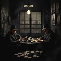 A dark and moody scene in a 1940s urban setting featuring a classic mafia meeting in a smoky backroom