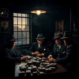 A dark and moody scene in a 1940s urban setting featuring a classic mafia meeting in a smoky backroom