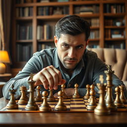 A focused adult man intensely playing chess at a wooden table, surrounded by an ornate chess set with intricately designed pieces